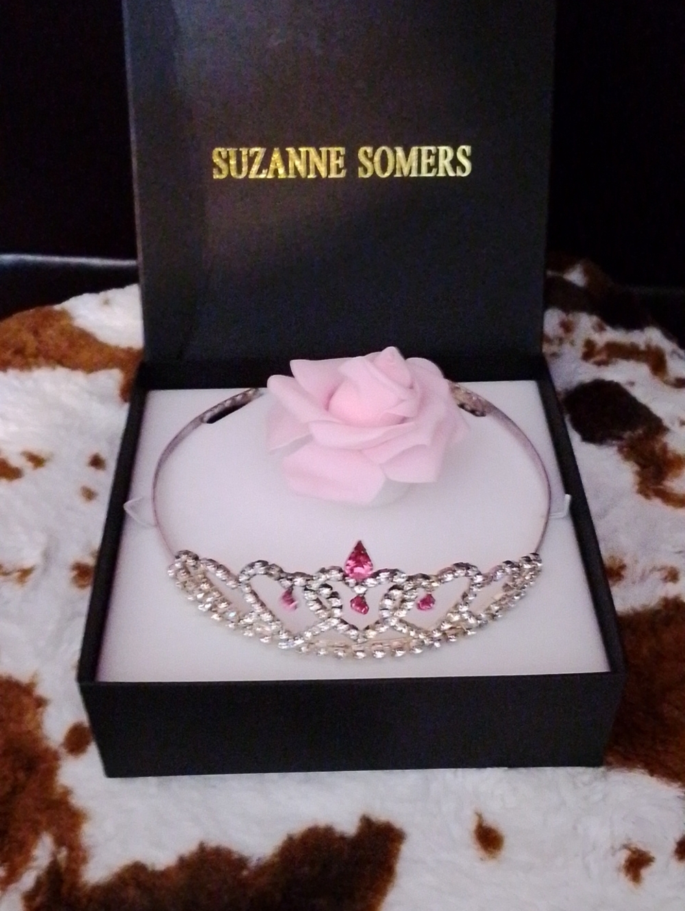 Suzanne Somers Silver Headband with Pink Crystal Rose Accent